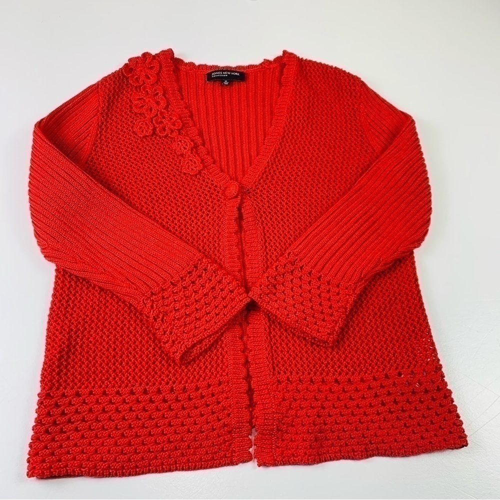 Jones New York‎ Women Open Knit Cardigan size medium Floral Design Red Cotton